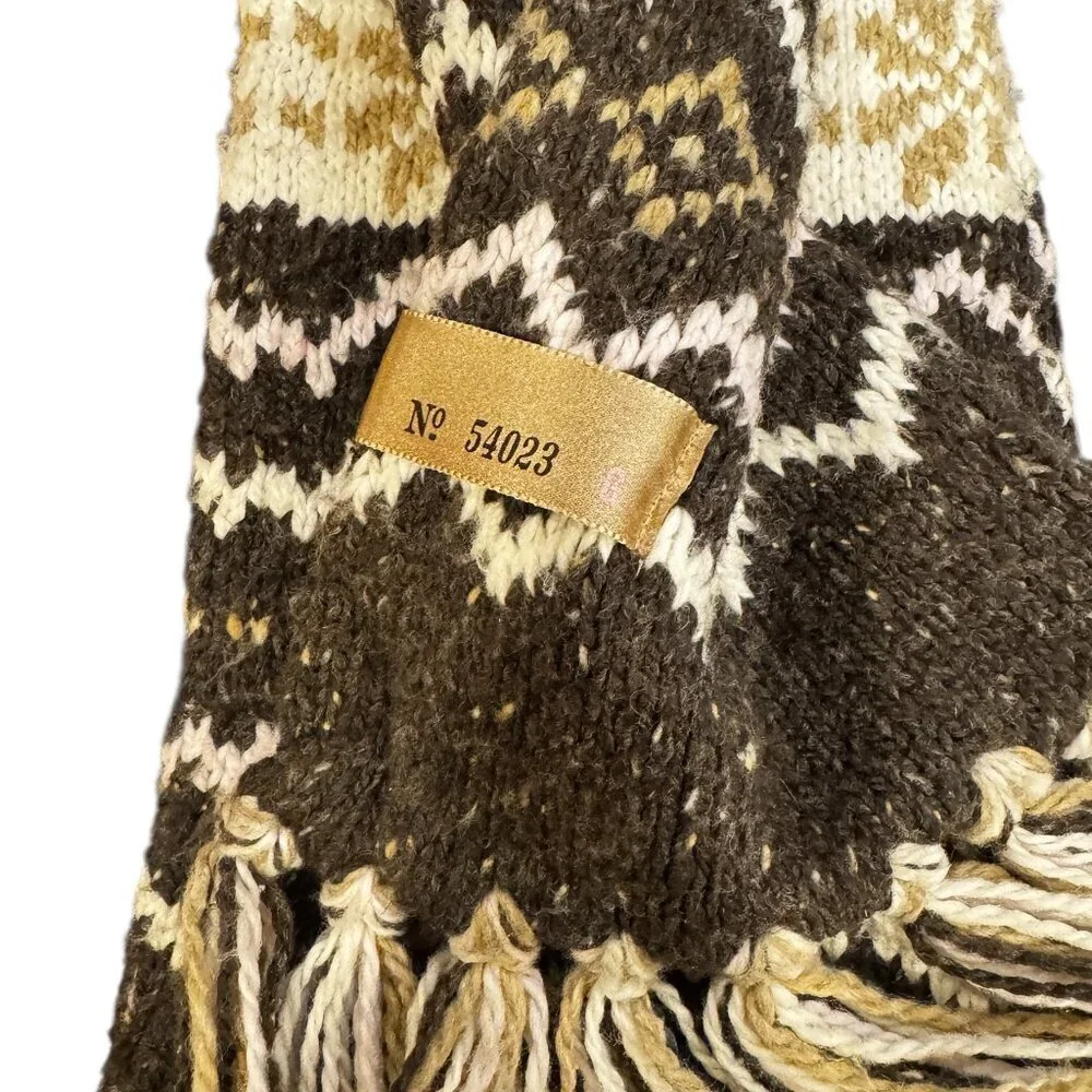 Vintage GAP Wool Blend Knit Scarf – Fair Isle Pattern, Brown & Cream, Long Fring